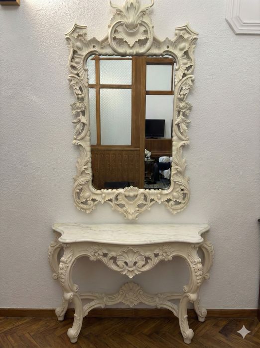 Oglindă Stil Rococo Baroc, compozit sculptat + Blat Marmură Naturală