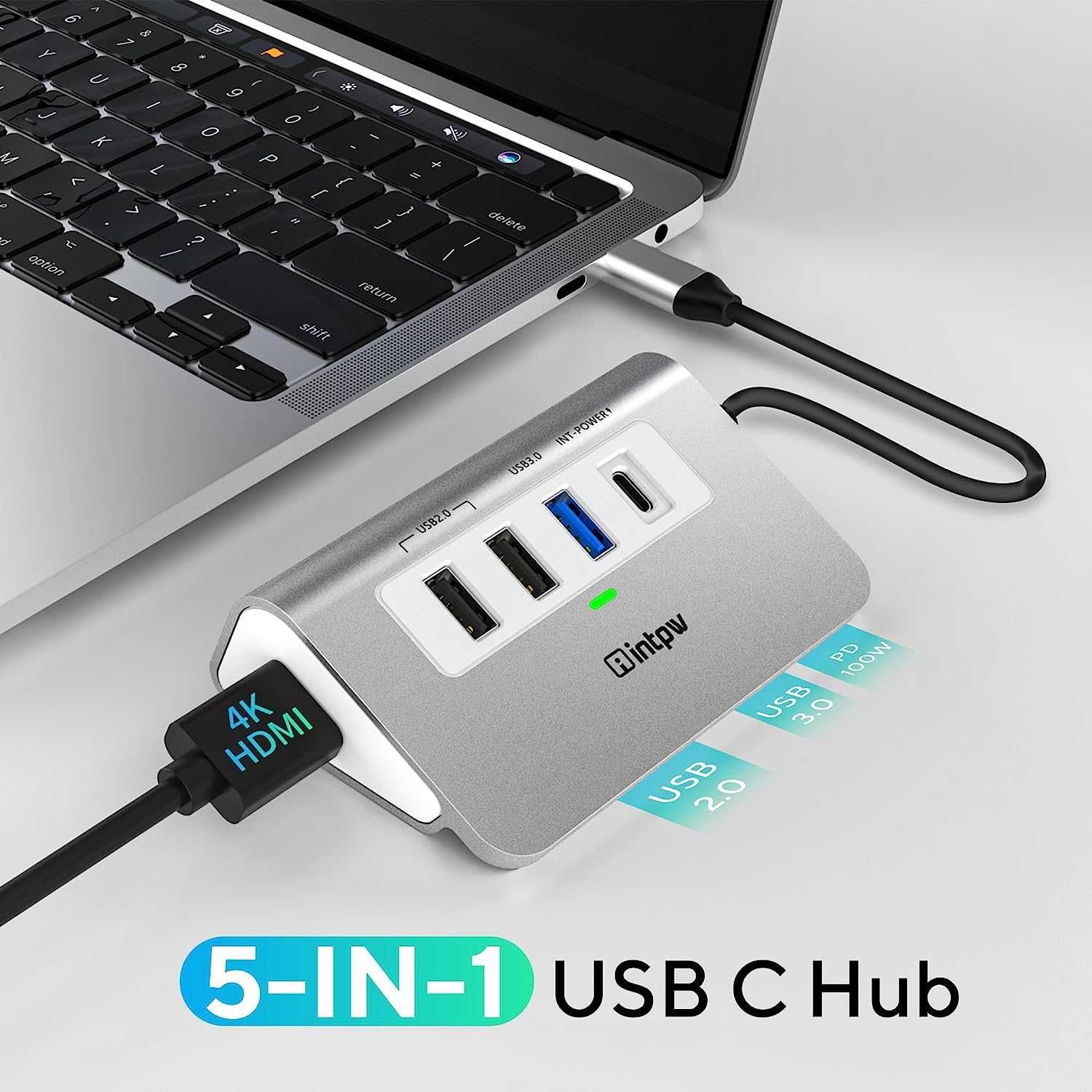 USB C хъб, 5 в 1 USB C към HDMI адаптер 4K 30Hz, PD 100W