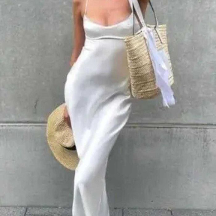 Zara rochie alba satin corset midi tiktok viral noua cut out spate gol