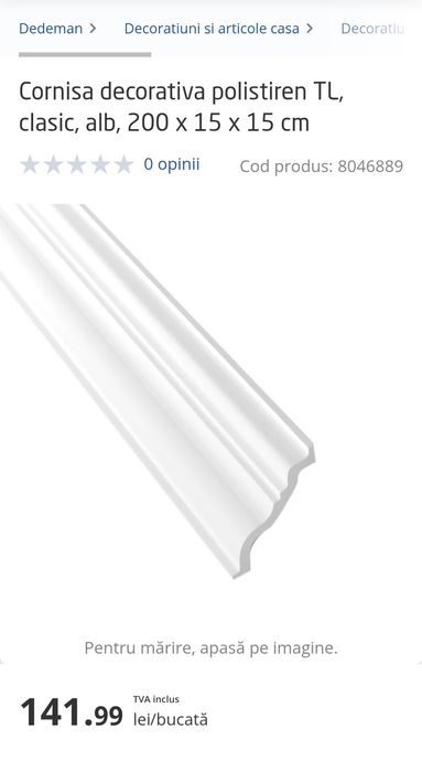 Cornisa decorativa polistiren (150 x 150 x 2000 mm)