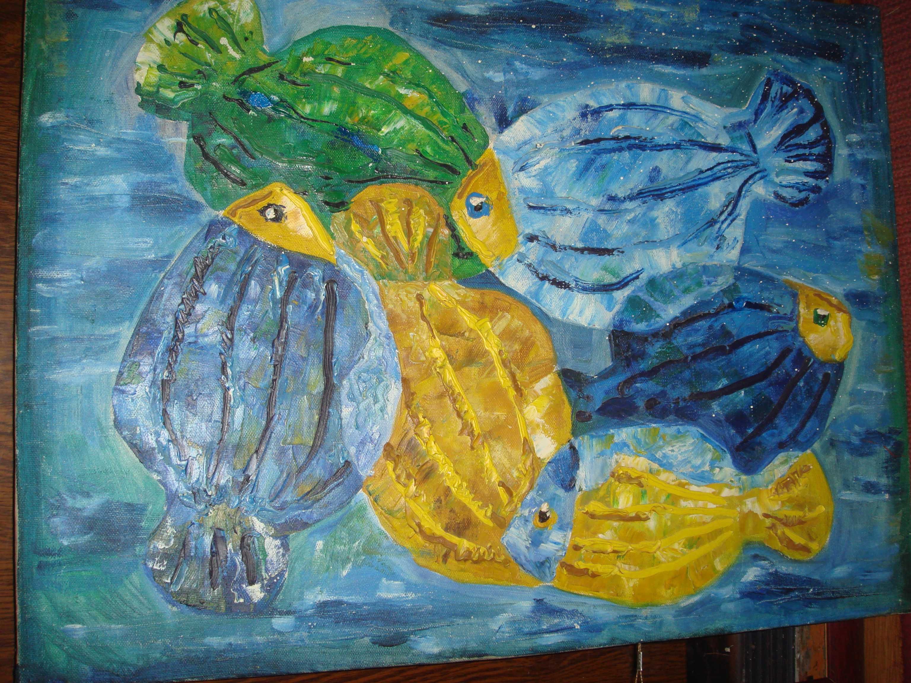 Картина Рыбы в бирюзовом и янтарных цветах  40см х 55 см Холст Масло