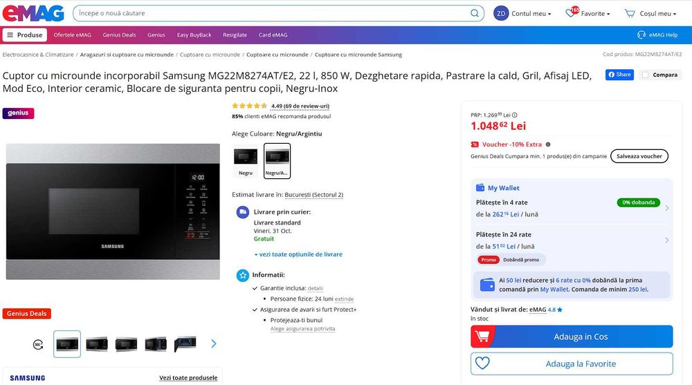 Cuptor cu microunde incorporabil Samsung MG22M8274AT/E2, 22 l, 850 W