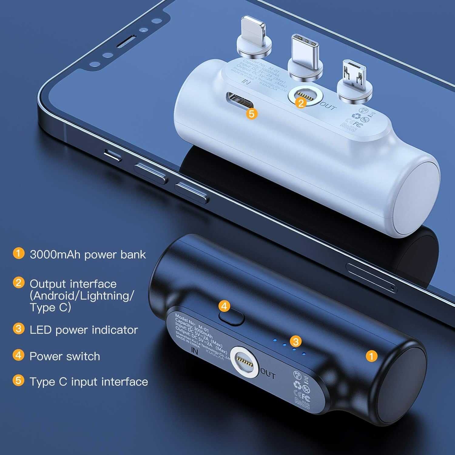 Baterie externa KUULAA 3 în 1,3000mah,pt IOS și ANDROID,sigilat