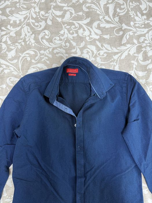 Camasa Zara Men, albastru inchis, marime S, slim fit, material gros,