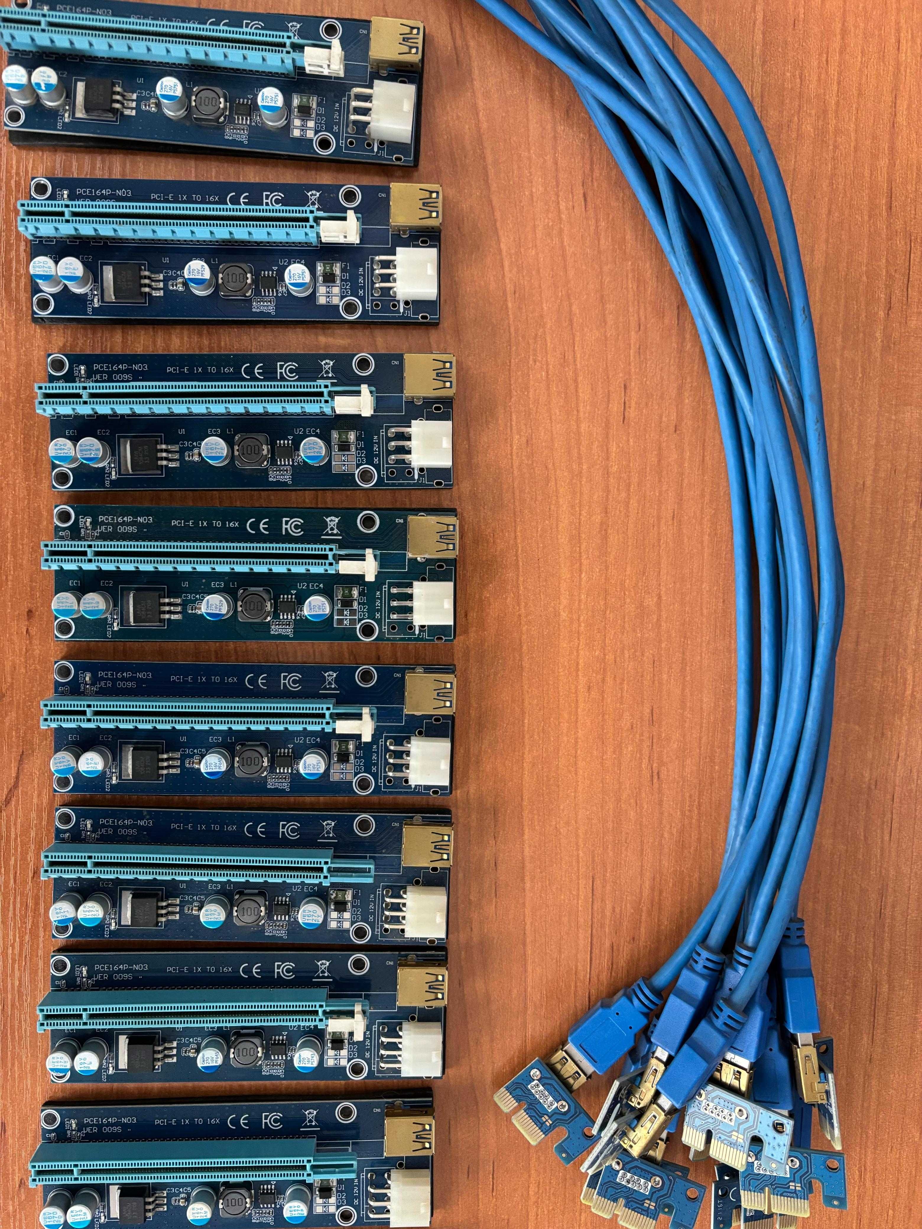 Райзер PCI-E 1X TO 16X (12штук), usb-usb шнур (12 штук), питалка (6Шт)