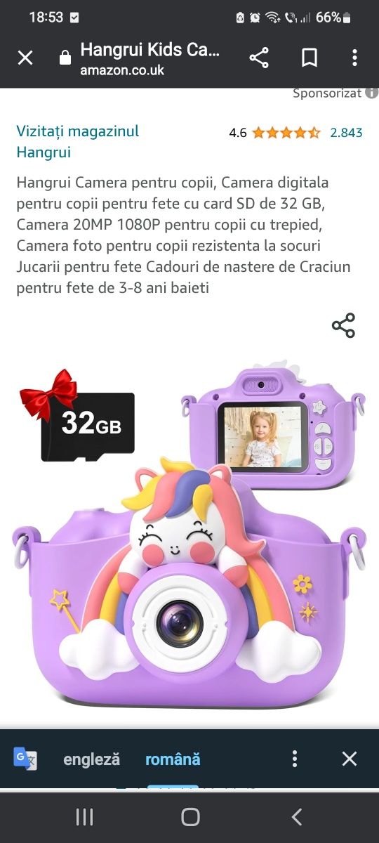 Cameră foto digitală cu card 32 MB și trepied pentru copii.