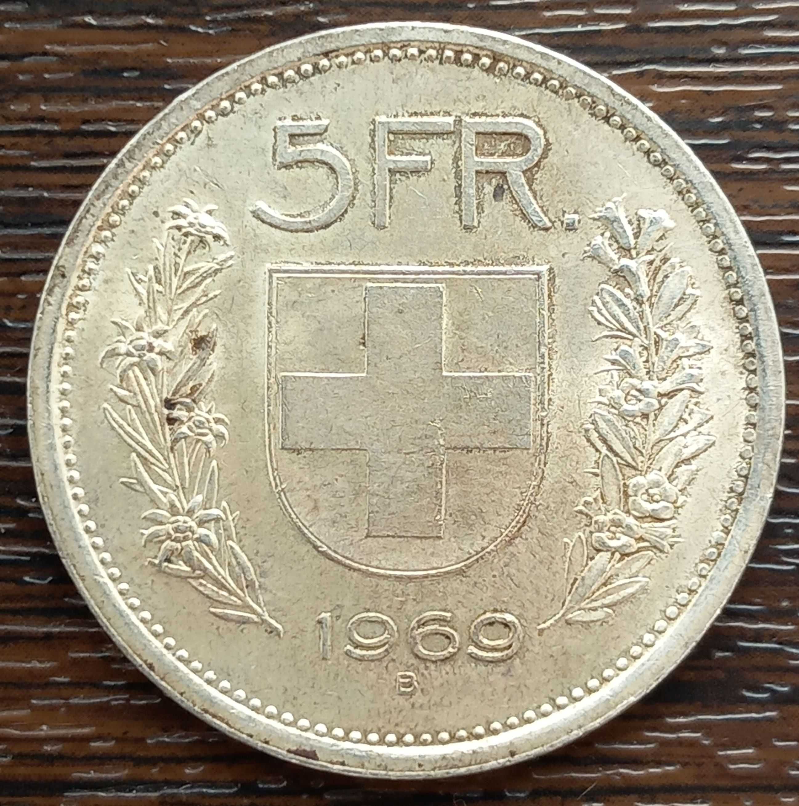Moneda din argint Elvetia - 5 Franci 1969, Luciude batere