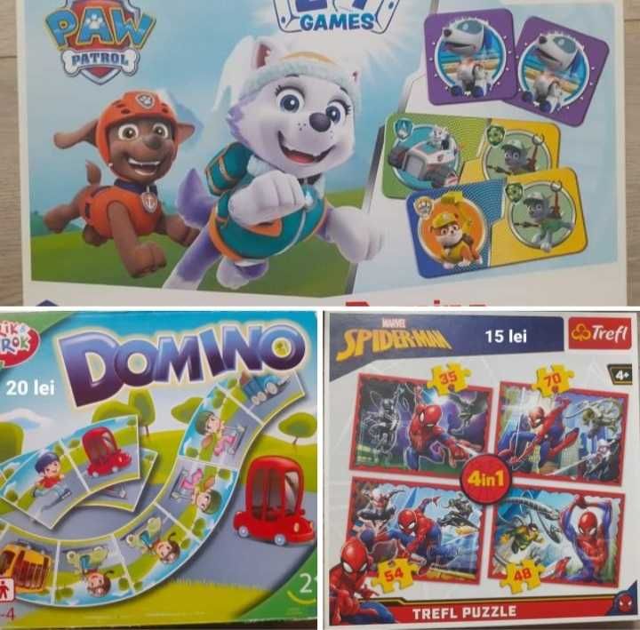 LOT 2 jocuri domino ( masini, patrula) + 1 puzzle spiderman 4 in 1 nou