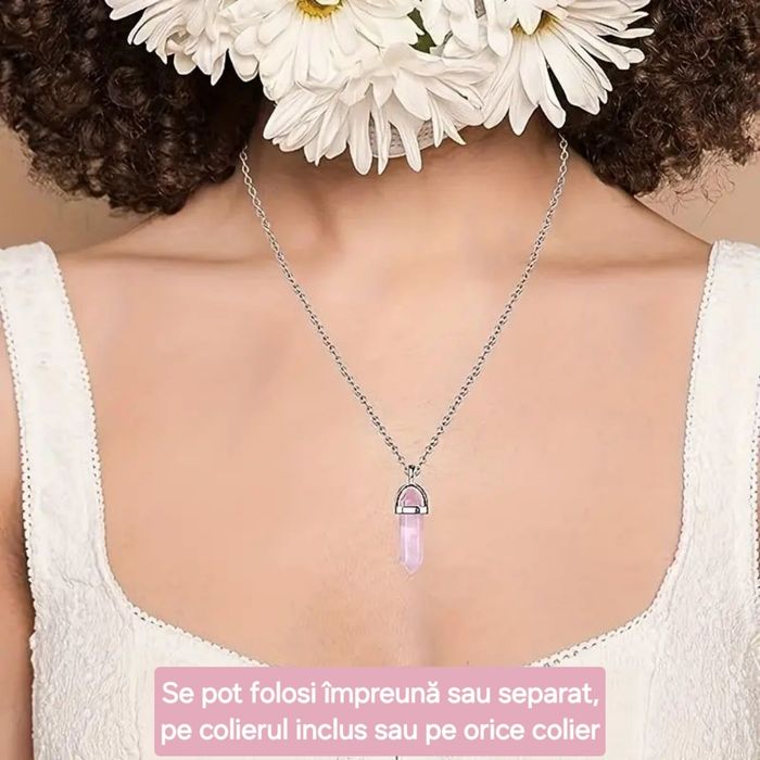 Set 3 cristale Cuarț Roz+Colier piele eco. Reiki, aduc iubire, noroc.