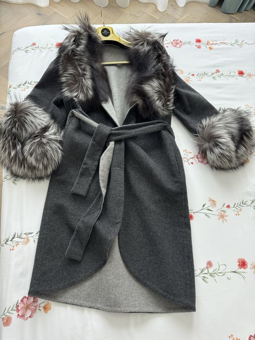 Vand palton lana de alpaca cu blana naturala de vulpe argintie