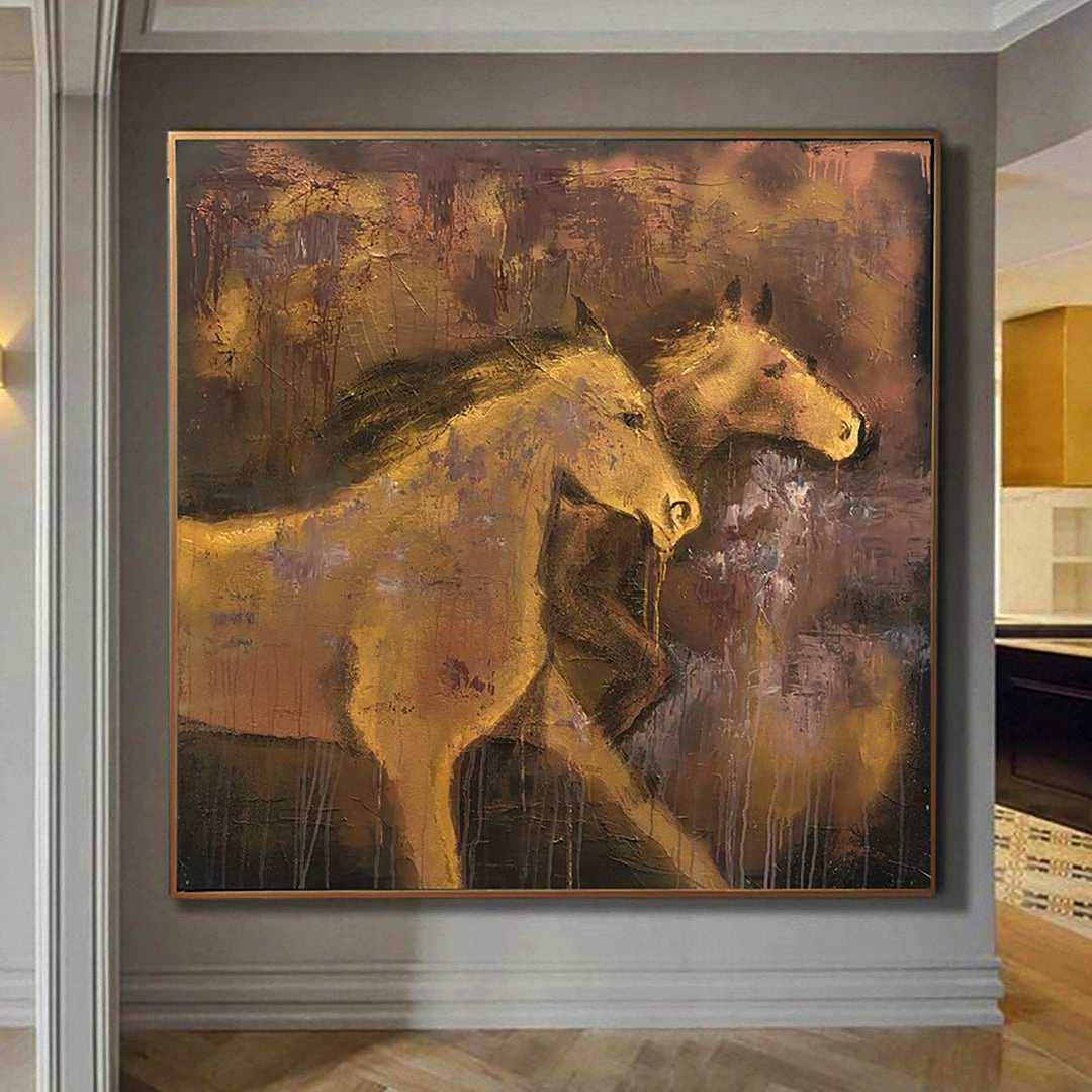 Картина золотые лошади холст масло казахская этно живопись кони