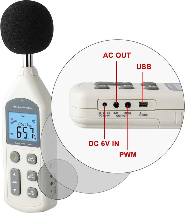 Decibelmetru, Aparat masurare zgomot 30-130dB cu USB si ecran iluminat