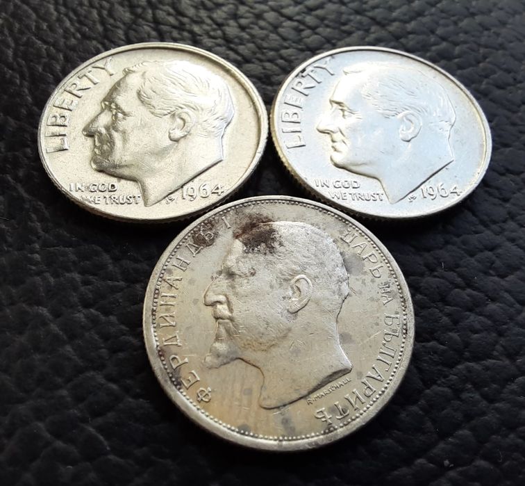 Стари сребърни монети даймове 1964 г.  САЩ  и 50 ст. 1913 г. БГ - топ