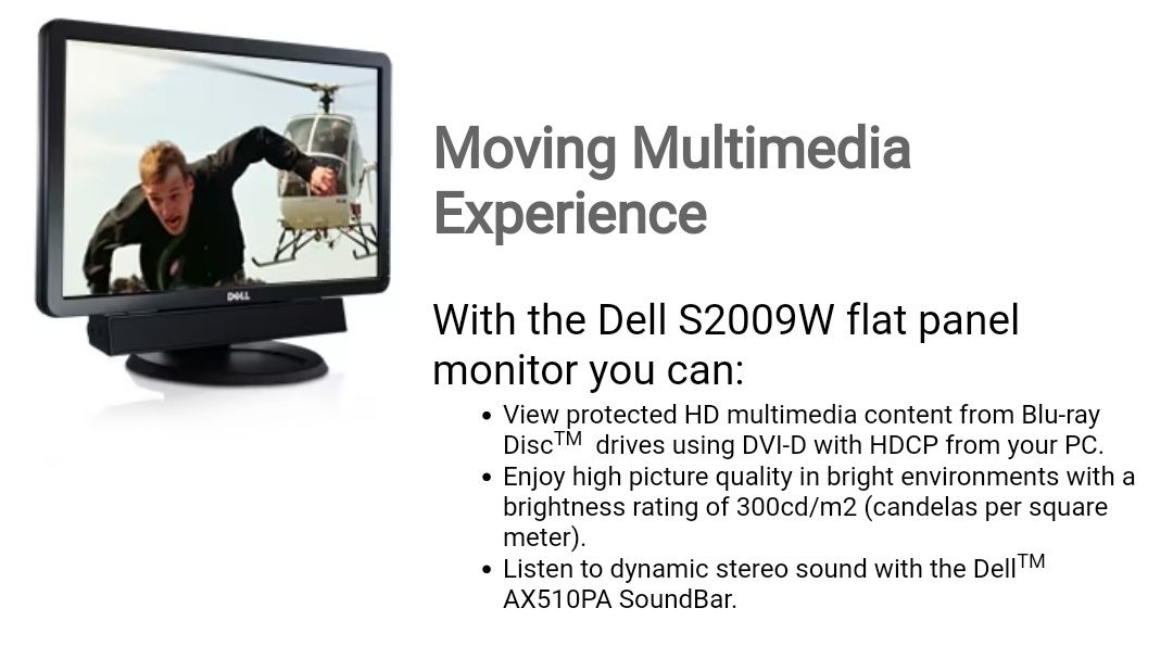 Monitor 20 inchi, Dell S2009Wb, 1600x900 pixels, DVI, VGA