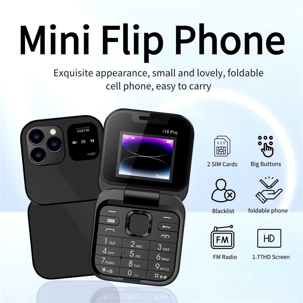 Telefon pliabil i16Pro, Copii, Inregistrare Apel, FM, Dual SIM