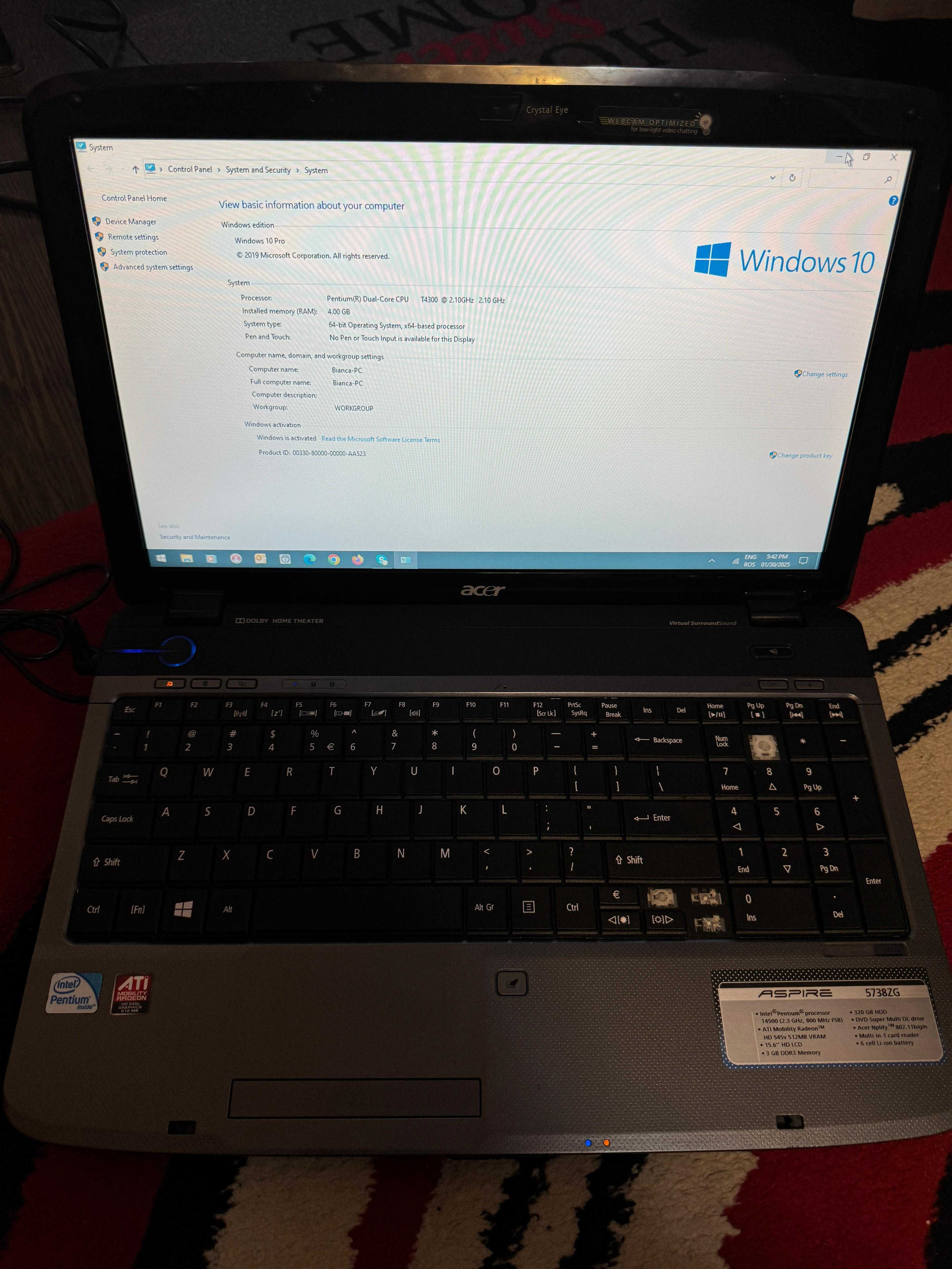 Laptop Acer Aspire 5738ZG functional, alimentator original si geanta