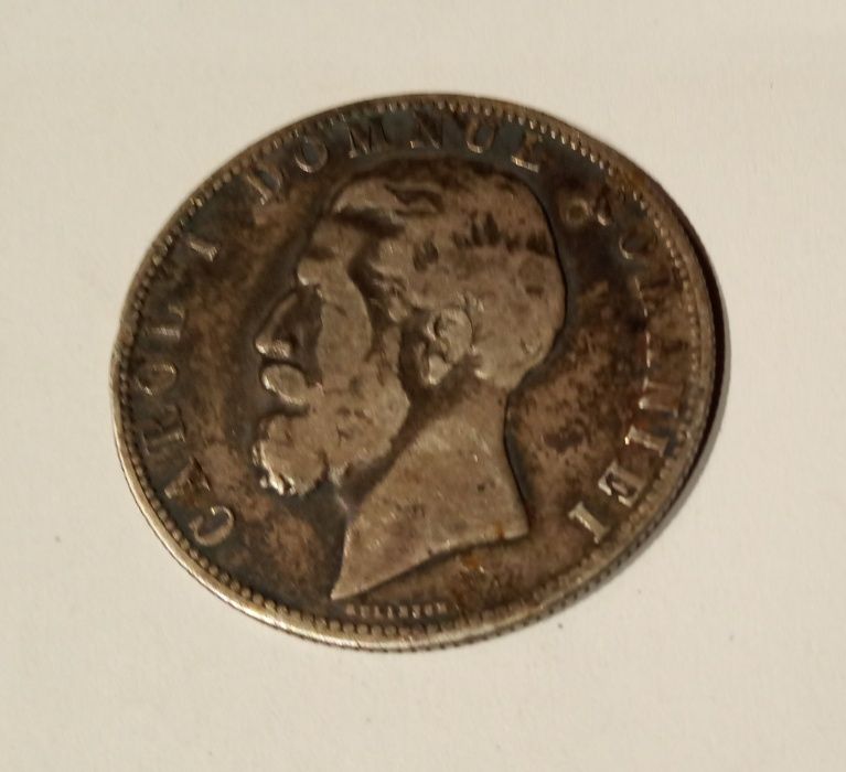Moneda 5 lei 1880 Carol I cu gravorul Kullrich pe cerc necurățată rara