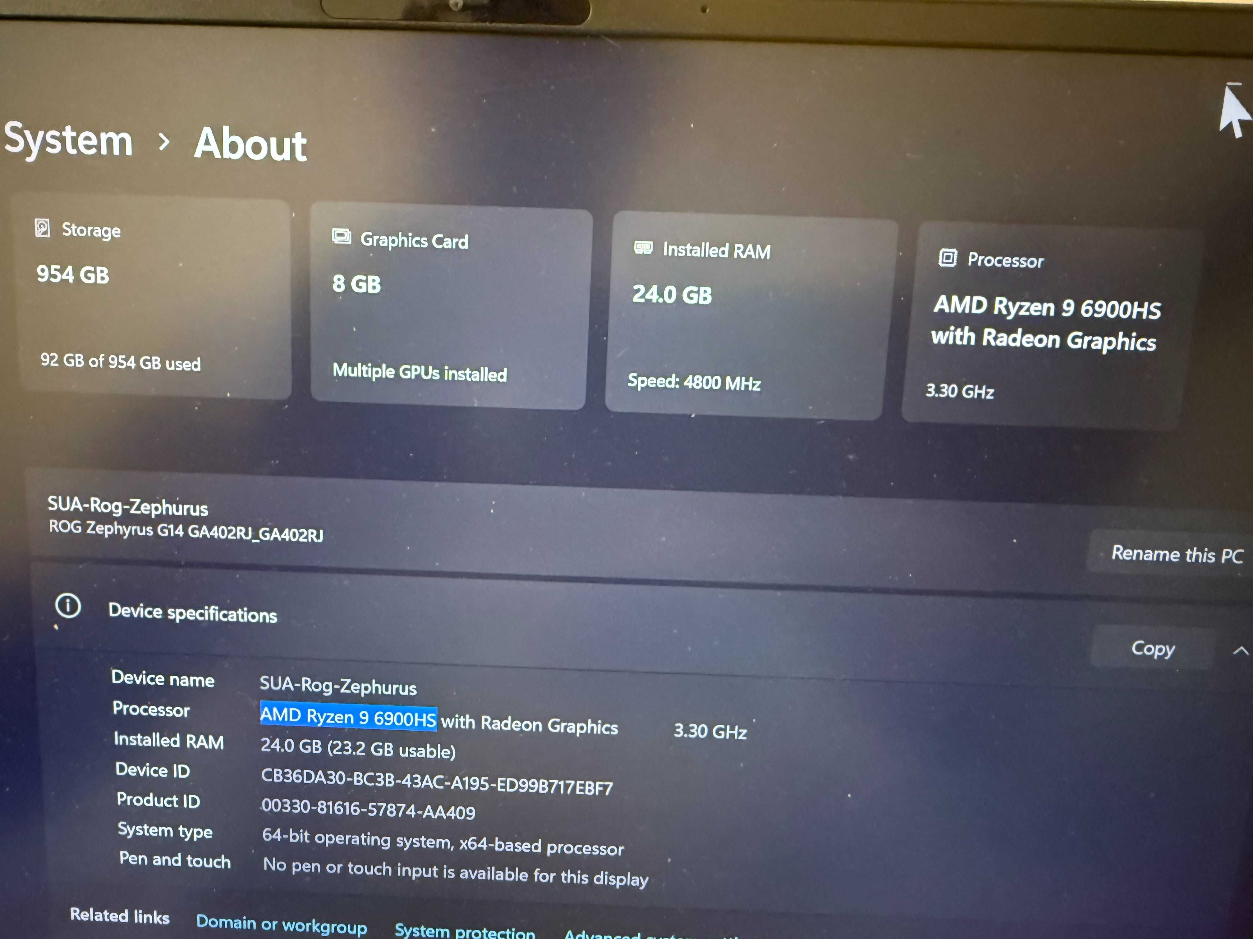 Asus Rog Zephyrus G14 GA402, Gaming Laptop, AMD Ryzen 9 6900HS, 24 GB