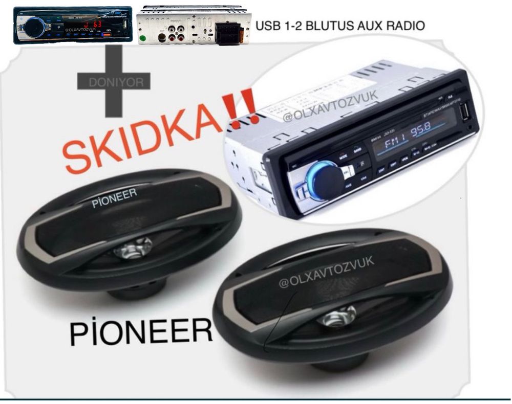 Pioneer 2ta qovun kalonka va magnitafon birga mafon blutus usb aux fm