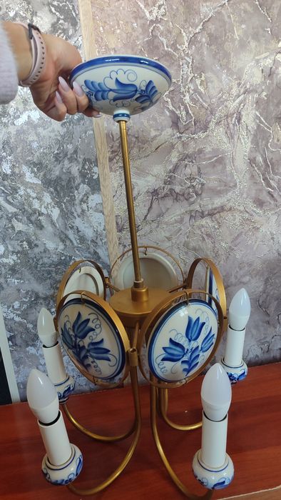 Люстра (латунь) Гжель 5 рожковая, ручная роспись, светильник, лампа,