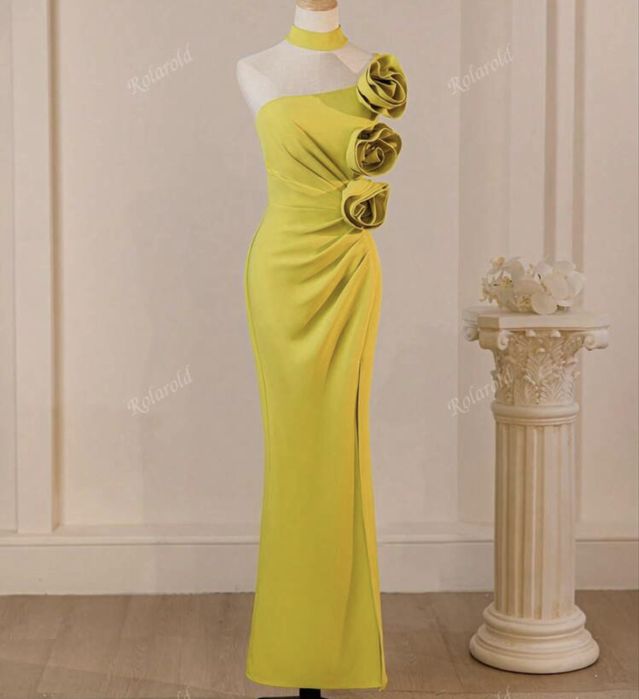 Rochie Verde Gălbui cu corset fara maneci si trandafiri