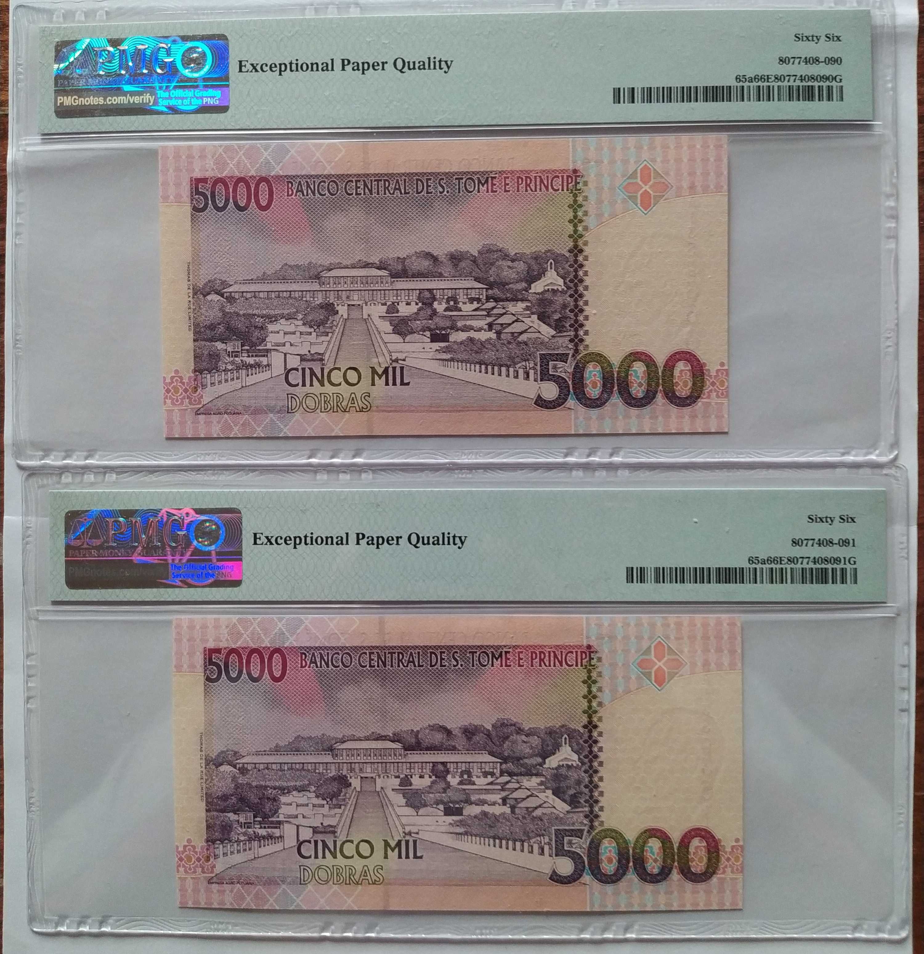 PMG 66 - 2 банкноти с поредни номера Сао Томе и Принсипи - 5000 добрас