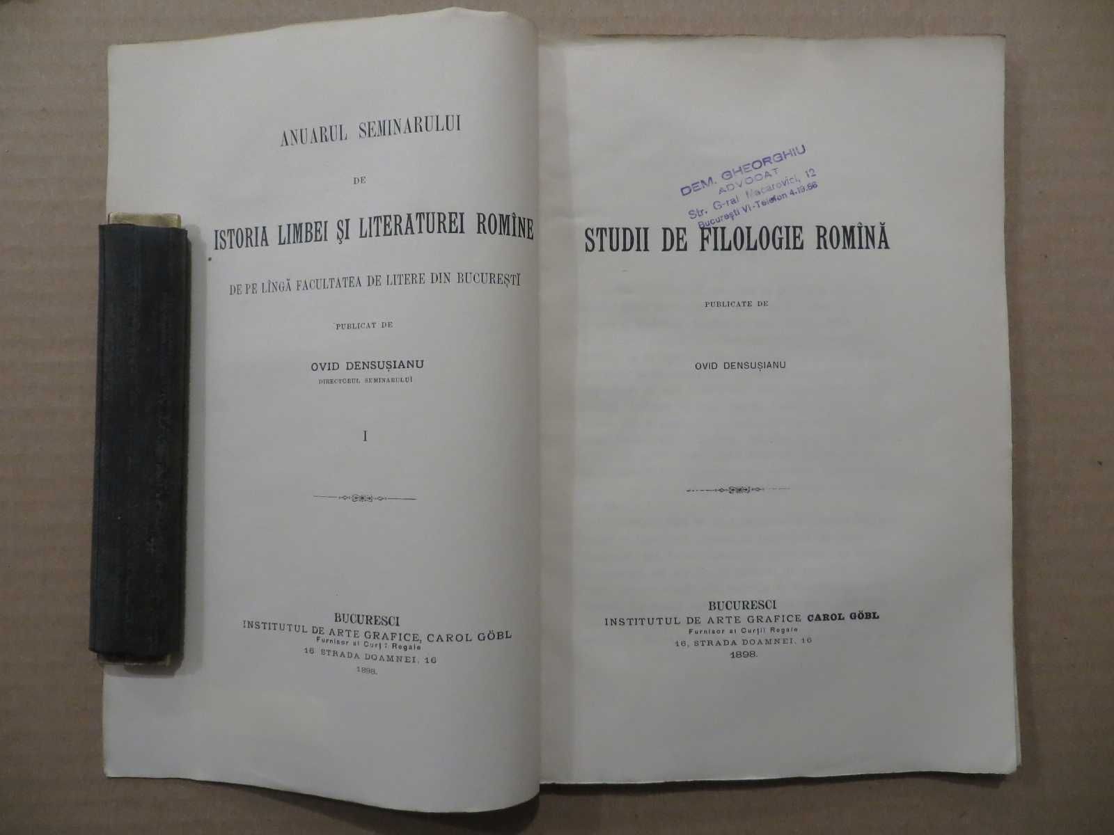 Studii de filologie romana  Ovid Densusianu  1898