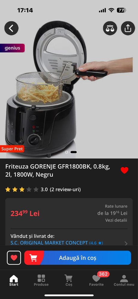 Friteuza GORENJE GFR1800BK, 0.8kg, 2l, 1800W, Negru