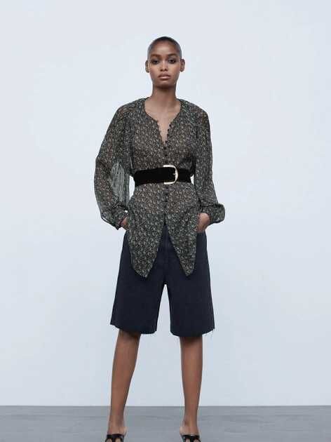 Дамска блуза с копчета и щампа Zara, 100% полиестер, Многоцветна, XL