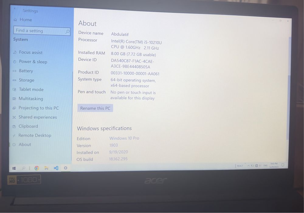 Noutbook Acer Aspire 3 Intel Core™ i5-10210U 15.6° FHD  LED LCD