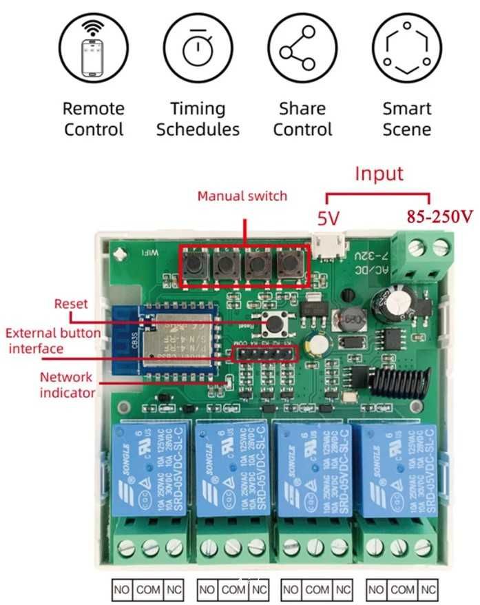Модуль Tuya ZG-005-RF Zigbee+RF 220V 16A (4 канала)