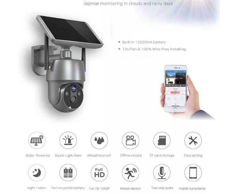 Camera PTZ cu panou solar, 100% independ., Full HD, ip65,slot card,