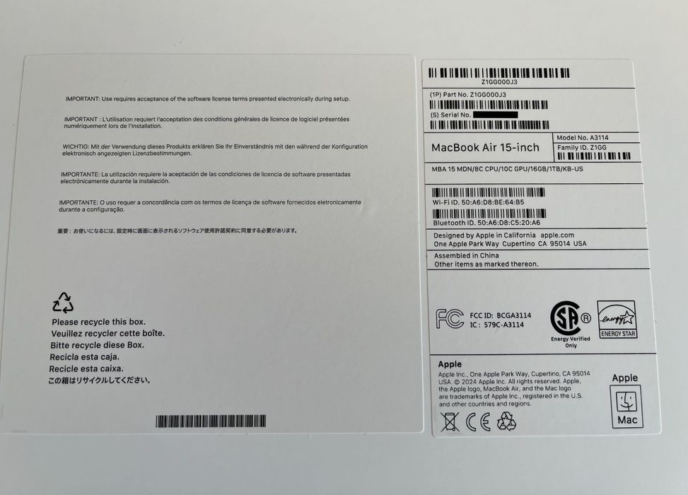 MacBook Air M3 15 inch, 2024 Midnight, 16GB, 1TB SSD, US kb, impecabil