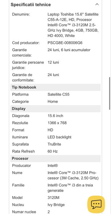 Laptop Toshiba 15.6'' Satellite Intel Core I3-2.5Ghz, 8GB, upgrade SSD