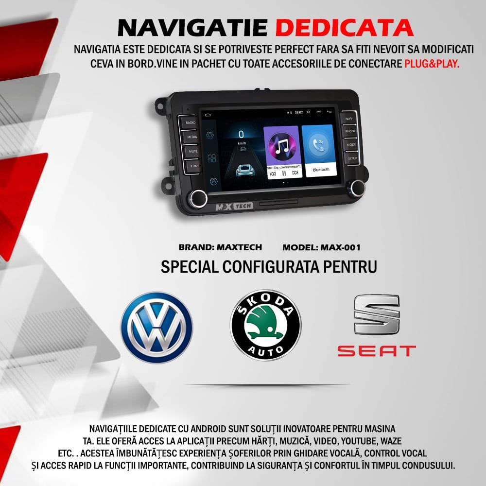 Navigatie Volkswagen, Skoda, Seat dedicata Android, Garantie 24 luni