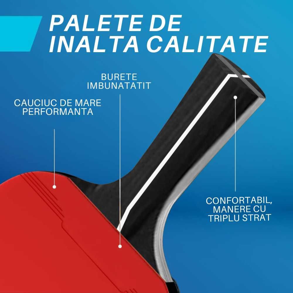 Set Complet Ping Pong, 4 Palete Tenis de Masa 8 Mingi, Fileu si Geanta