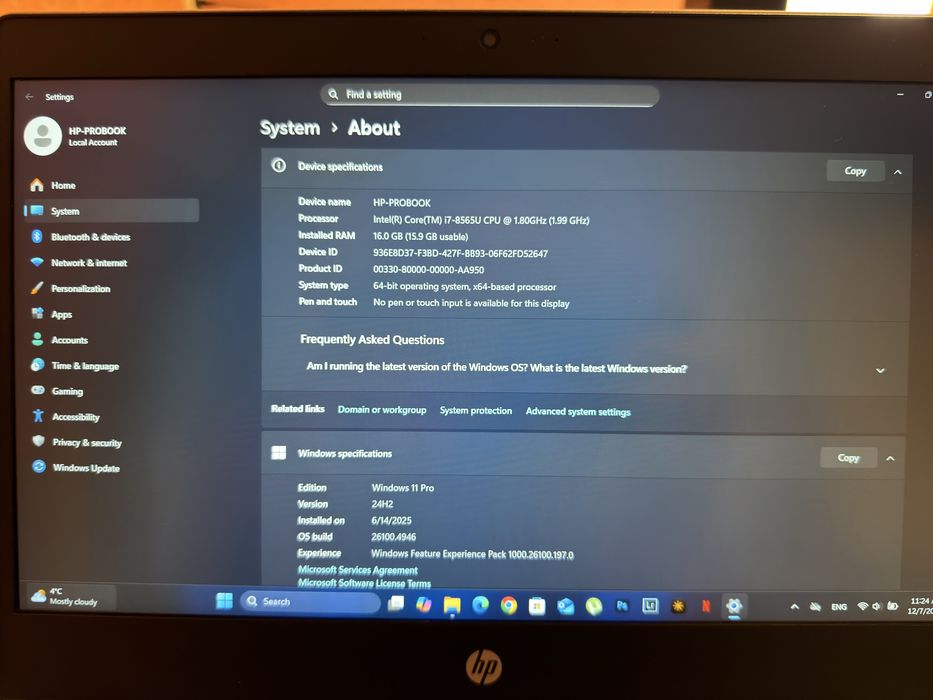 Hp-Probook Intel(R) Core(TM) i7-8565U CPU 1.80GHz (1.99 GHz)