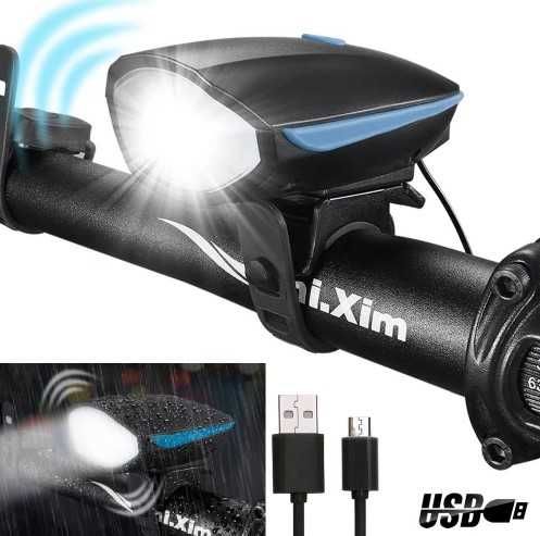 Мощен презаредим водоустойчив вело фар за колело с вграден клаксон