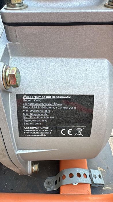 Motopompa pe benzina KnappWulf KW80 – 7 CP, 80 mm, 60.000 l/h