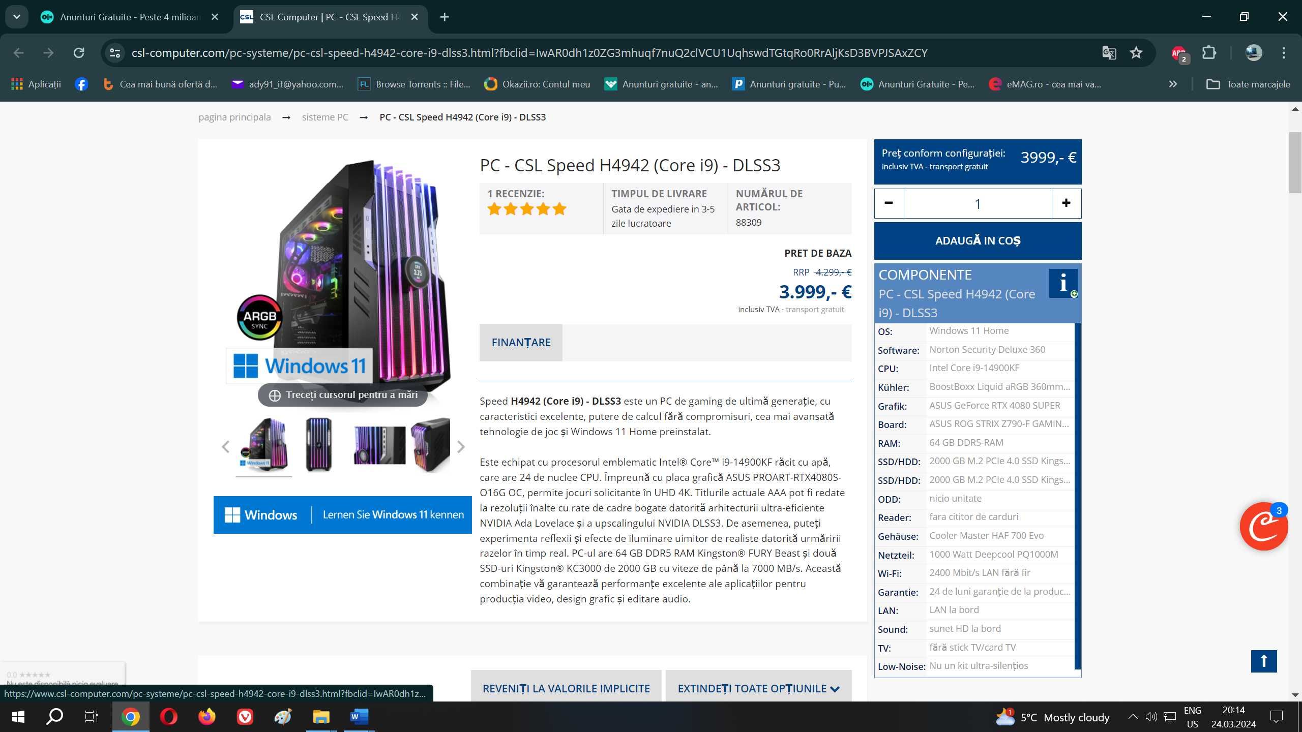 Unitate PC GAMING I9 14900KF / RTX 4080 / 64 GB DDR5 / 2 TB M2 NOU*