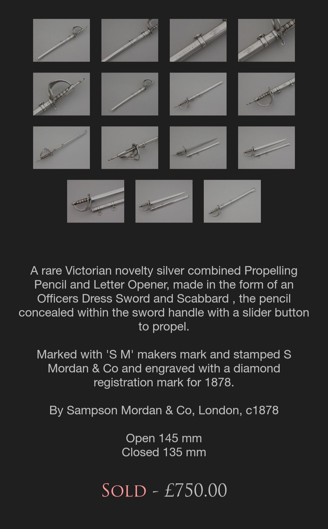 Кавалерийски сребърен нож за писма от 19-ти век.