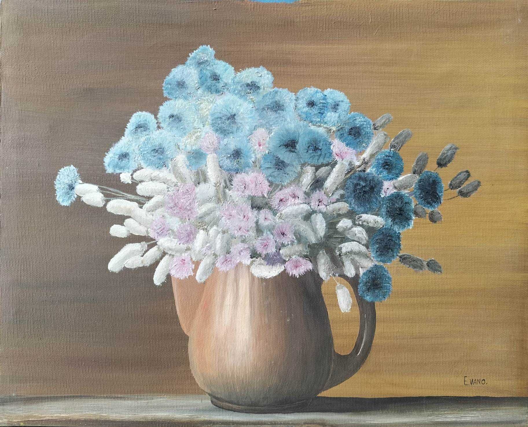 Evano-"Ceainic cu flori", pictură frumoasă în ulei pe pânză