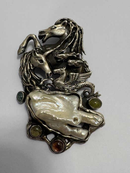 Pandantiv Argint 925 vechi, Art Nouveau. Perla baroc, aquamarin,granat