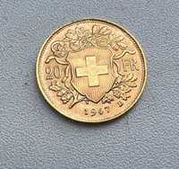 Moneda Elvetia 20 franci 1947 aur 6.45 puritate 900 la mie