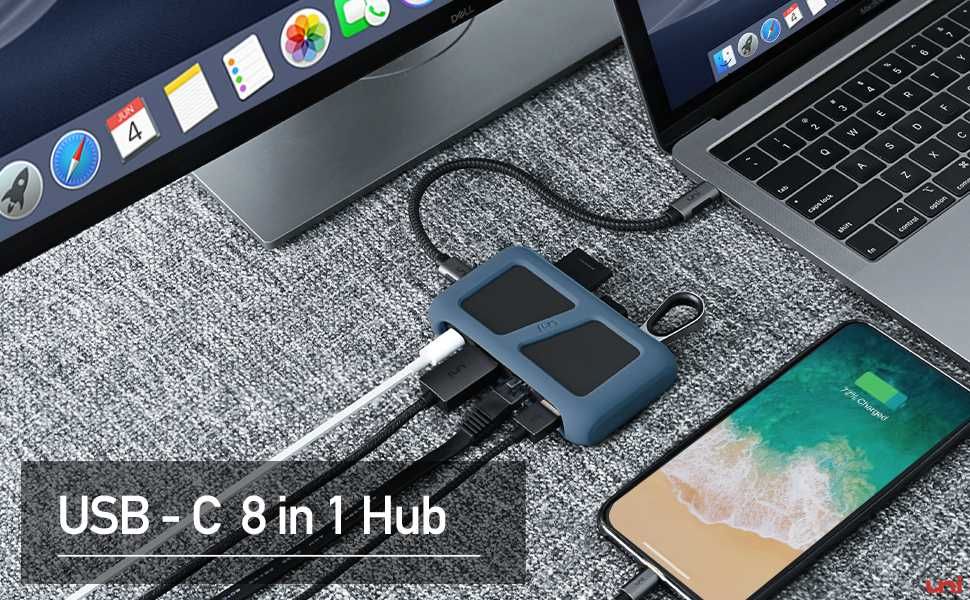 uni USB-C 8-in-1 Hub със снемаем USB-C кабел