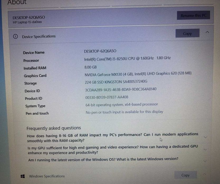 Laptop HP 15-DA0X, i5 8250, placa video dedicata MX130 4gb