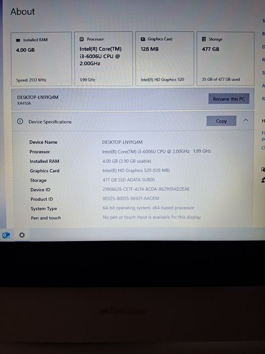Asus Laptop SSD 500Gb DDR4 4gb i3 gen.6