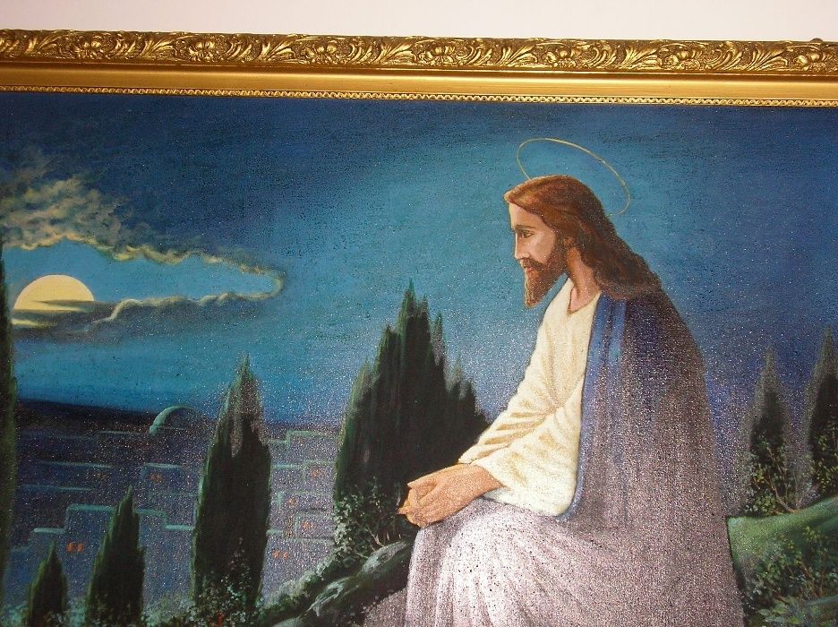 Tablou icoana vechi ulei pe panza, Isus in gradina Ghetsimani