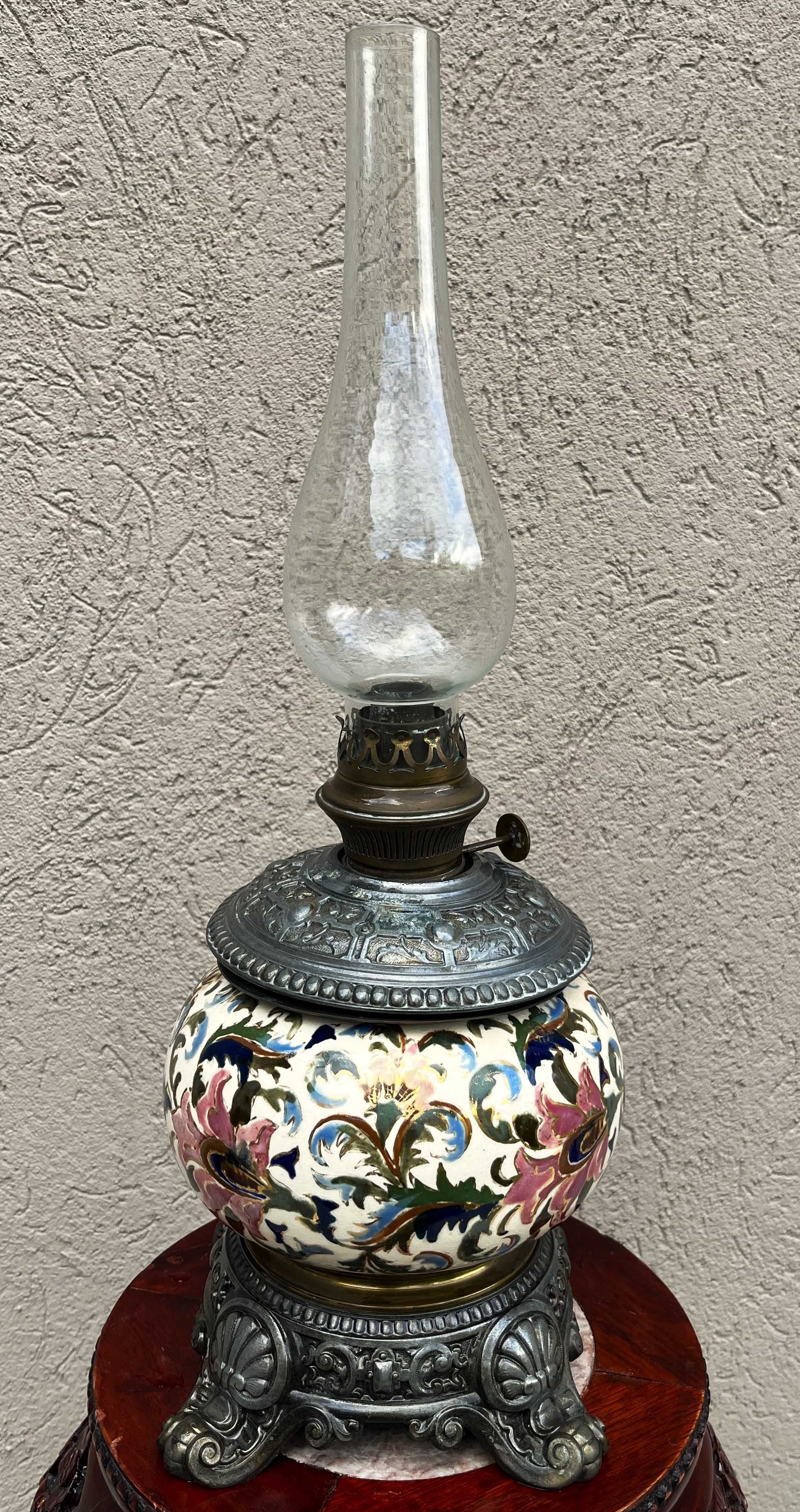 Superba lampa antică-ceramica-alama traforata-Franta