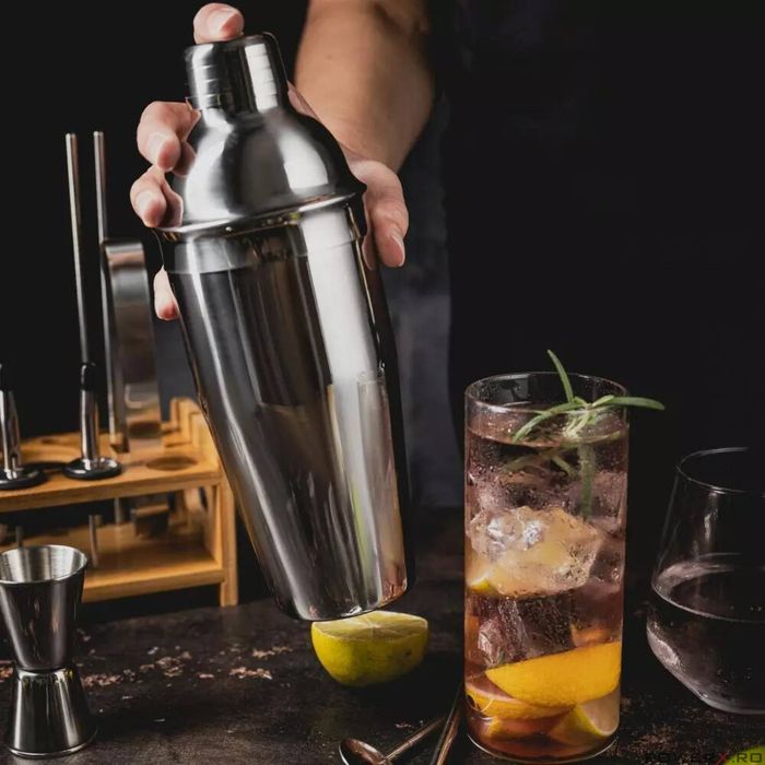 Set barman pentru bauturi si cocktail-uri, shaker, 15 piese, argintiu,